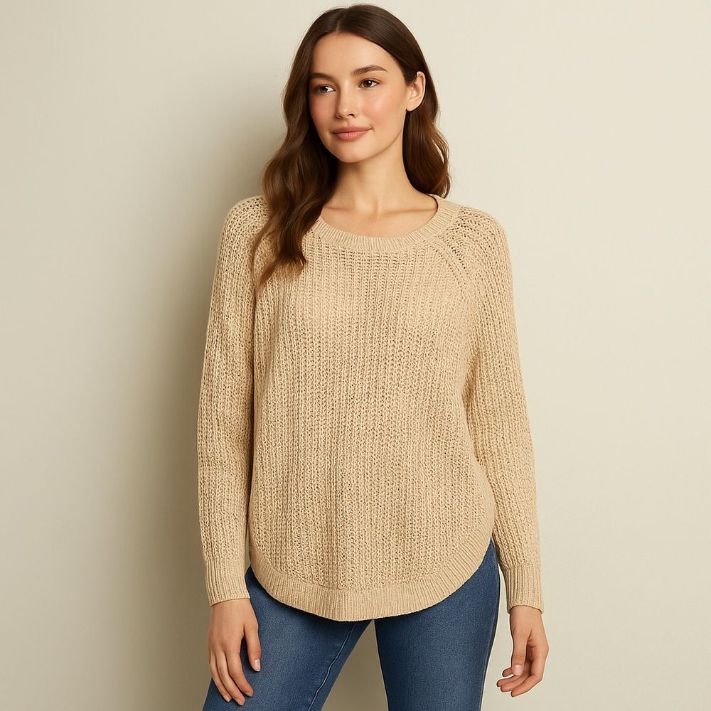 Lauren Ralph Lauren Womens Knit Sweater Medium Tan Oversized Fisherman Coastal